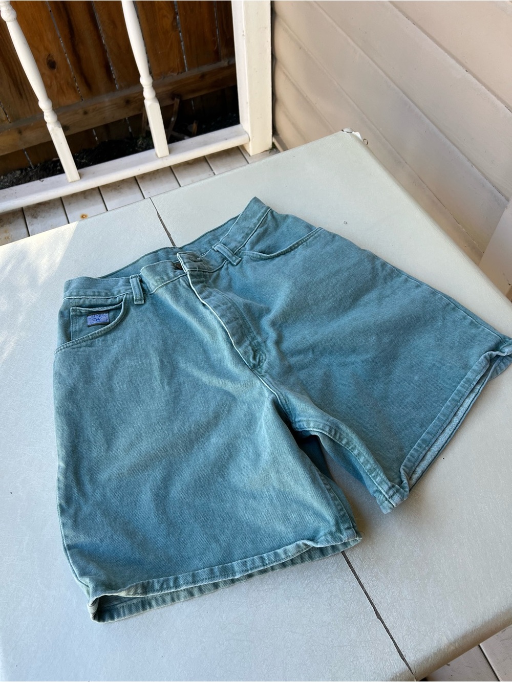 Vintage 1990s Wrangler  high-rise denim shorts faded sage/teal green Women’s 12